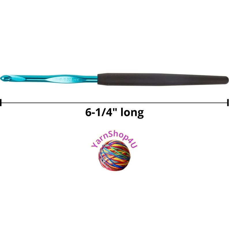 May include: A blue crochet hook with a black handle, measuring 6-1/4 inches long. The hook has a metallic finish and is designed for yarn crafts. The image also includes a colorful ball of yarn and the text "YarnShop4U".
