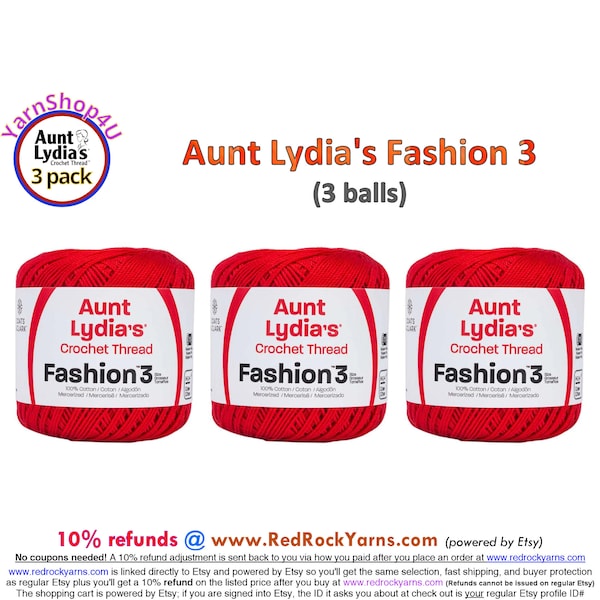 ATOM RED Fashion 3 Size Aunt Lydia Crochet Thread. One 3 Pack of Aunt Lydia's Fashion 3 Crochet Thread. (3 Balls/150yds ea) Item #182.2160