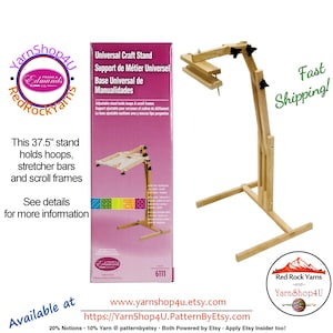 Universal Craft Stand. Frank Edmunds wood floor stand for hoops, stretchers bars, scroll frames. Adjusts for height, angle, L or R use #6111