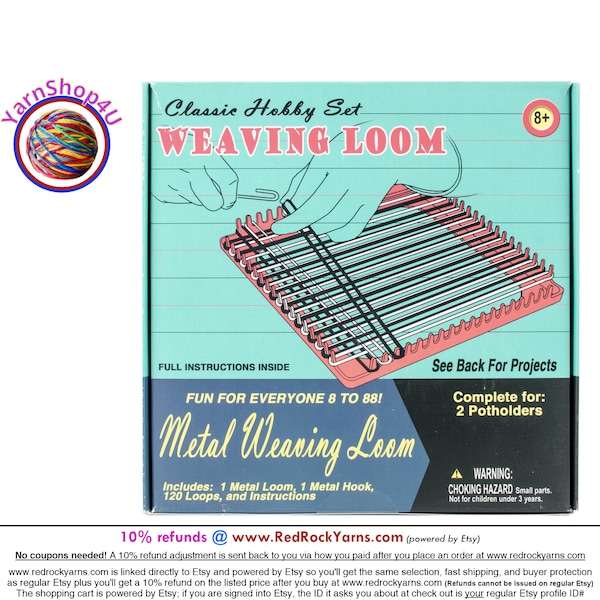 Retro Metal Weaving Loom. Includes 7" Metal Loom, 1 metal hook, 120 loops to make 2 potholders. Pepperell. Kid's Crafts. Age 8+ #RETK04