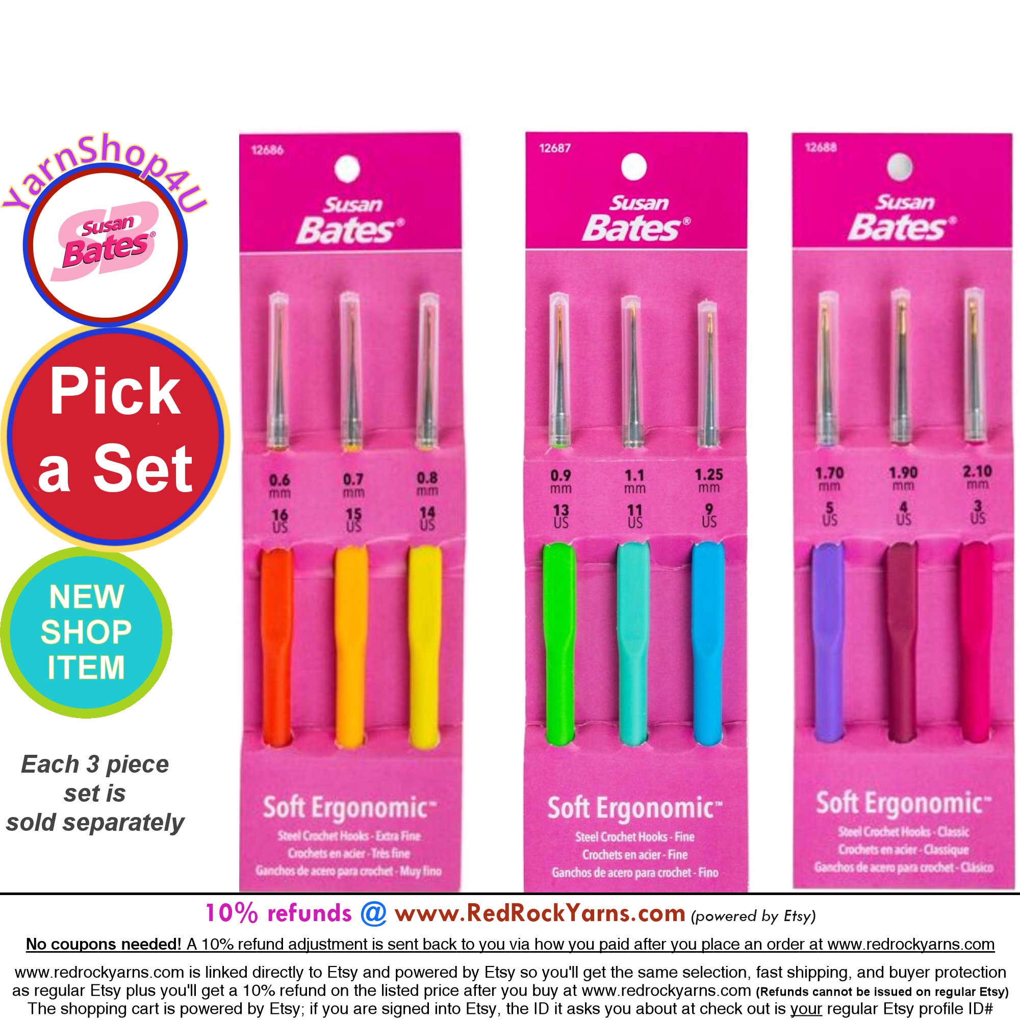 Soft Ergonomic Steel crochet hook sets [pick a Set]. For fine crochet work  like lace and with crochet thread Susan Bates 12686 12687 12688