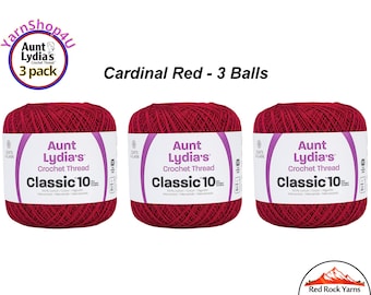 CARDINAL RED 3 pack! Aunt Lydia's Classic 10 Crochet Thread. 350yds. Item #154-0196