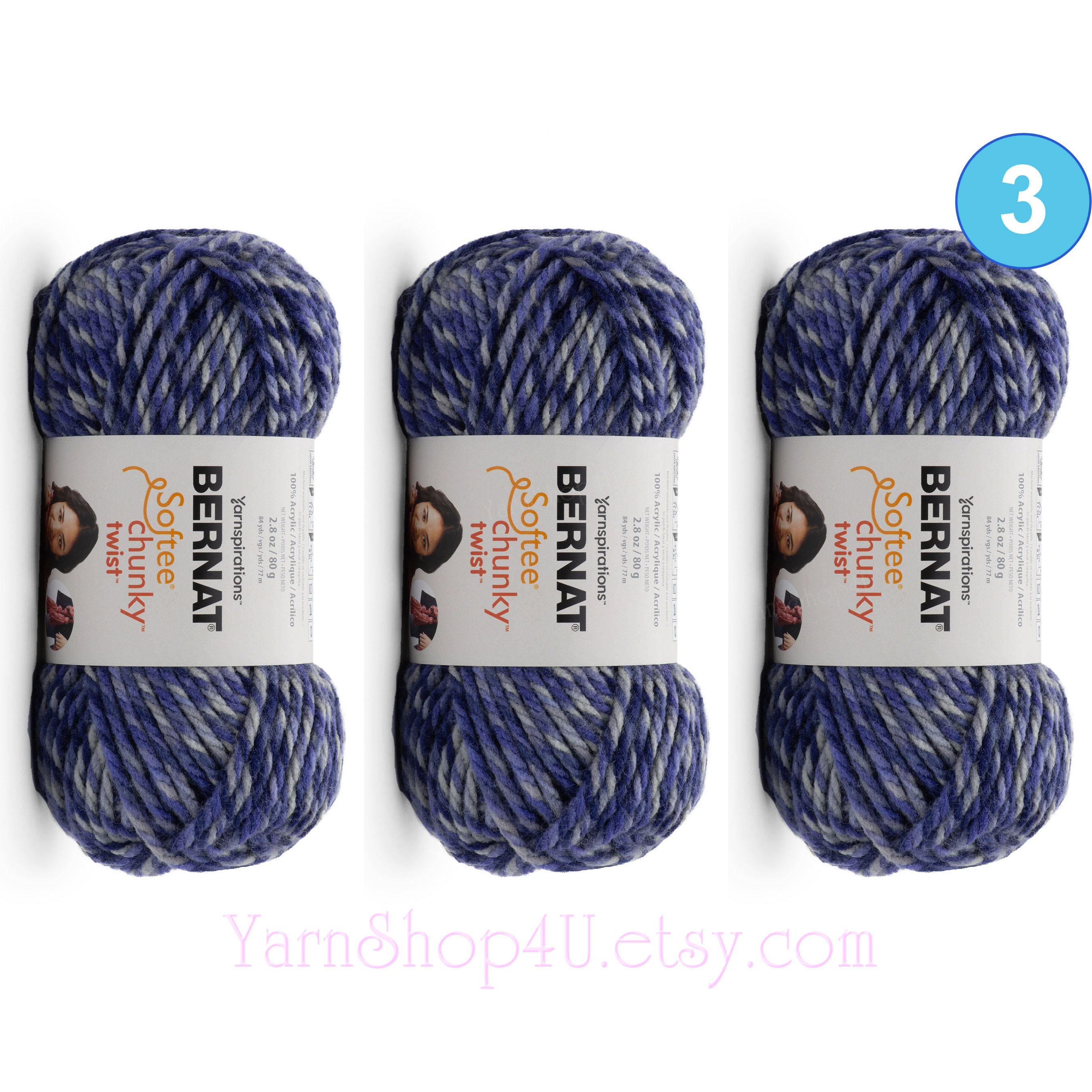 MIDNIGHT Twist 3 pack! Bernat Softee Chunky Twist yarn. Super Bulky