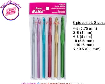 6pc Sizes F-K. Susan Bates Crochet Hook Set in a Vinyl carry pouch (Size F, Size G, Size H, SIze I, Size J, Size K) 5.5" Silvalume. #12196