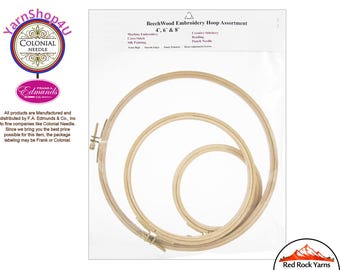 3 Piece Beechwood Hoop Set. 1 Each in Sizes 4", 6" & 8" Frank A Edmunds and Colonial Needle; Package Labeling varies.