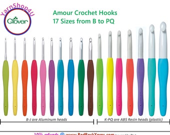 17pc Clover Amour Crochet Hooks sizes B-PQ with soft ergonomic handles. 10 Aluminum and 7 ABS. Great value compared to buying separate!