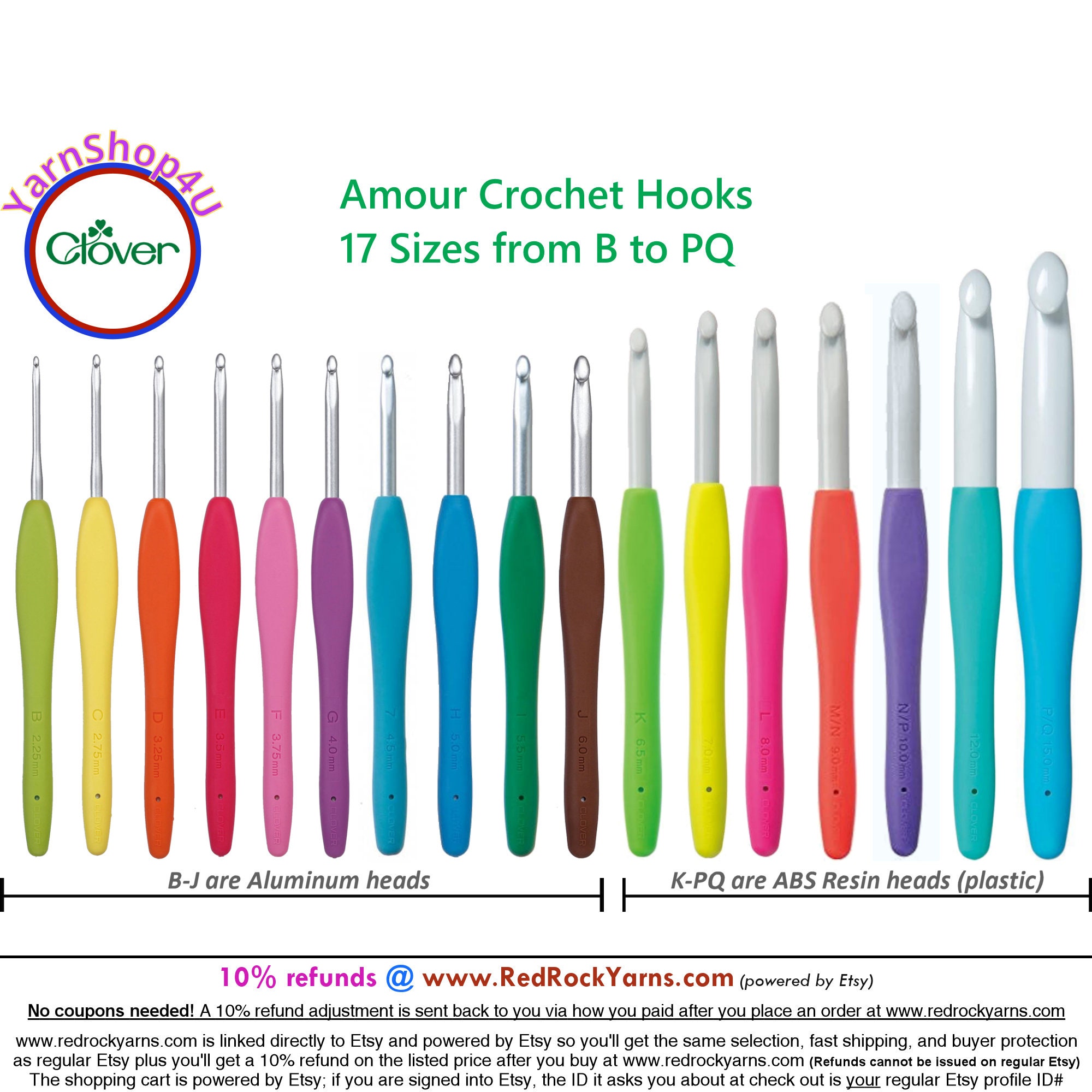 SOFT TOUCH Clover Crochet hooks. Ergonomic soft grip with aluminum heads  available in sizes B C D E F G 7 H I J