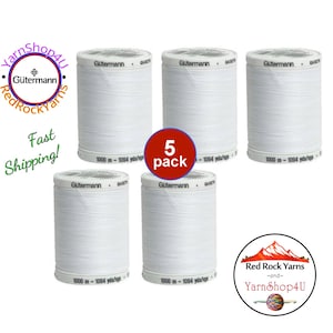 May include: Five spools of white Gutermann thread, each containing 1000 meters or 1094 yards. The image includes the text "5 pack" and logos for Red Rock Yarns and YarnShop4U.