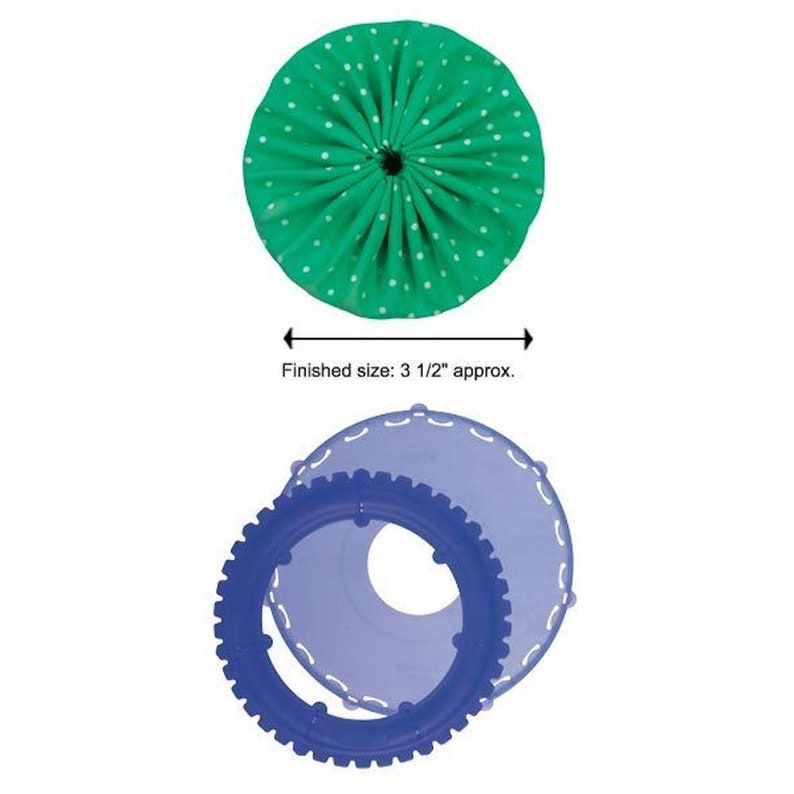 May include: A green fabric circle with white polka dots, pleated to create a 3 1/2 inch diameter flower. A blue plastic template with a scalloped edge is shown below the flower.