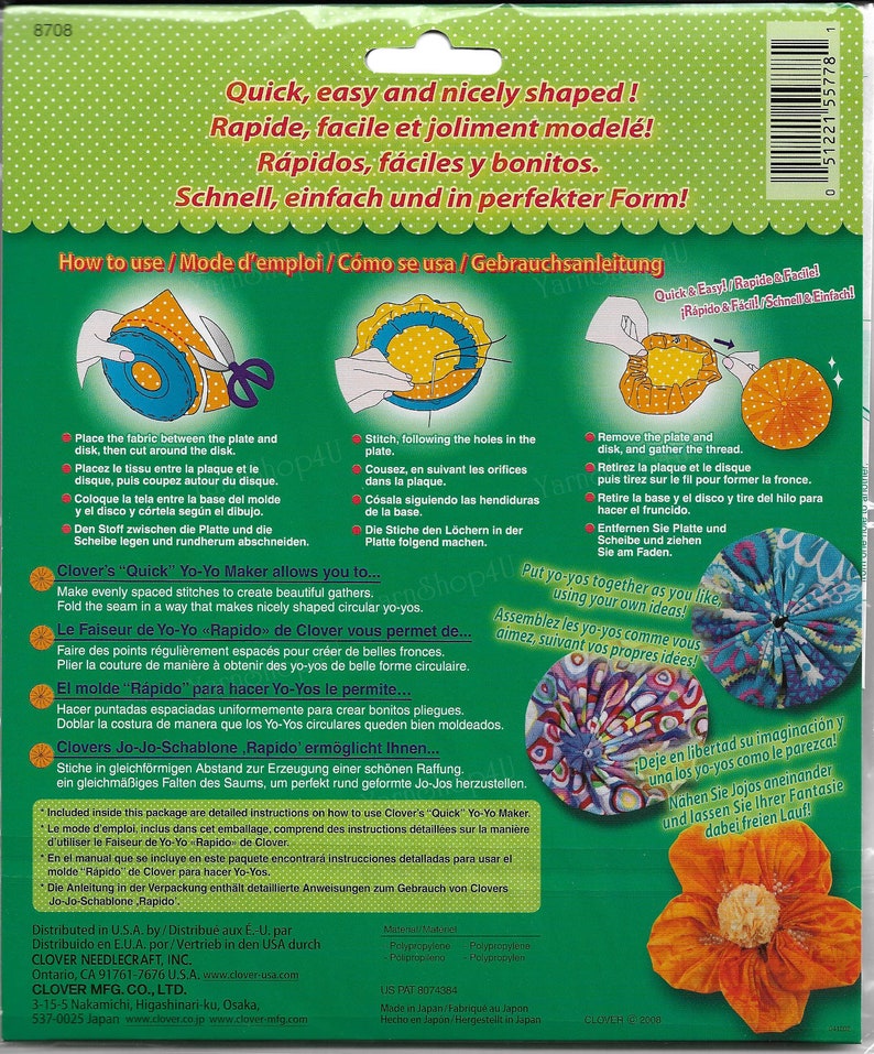 May include: A colorful instruction sheet for a Clover "Quick" Yo-Yo Maker. The sheet features illustrations of how to use the tool to create circular yo-yos. The text is in English, French, Spanish, German, and Japanese.