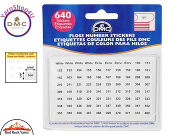 SMALL 1/4" DMC Floss Number Stickers - 640 total stickers pre-printed with solid, variegated, and popular colors plus 20 blanks. Floss ID