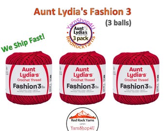 SCARLET Fashion 3 Size Aunt Lydia Crochet Thread. One 3 Pack of Aunt Lydia's Fashion 3 Crochet Thread. 3 balls/150yds each. Item #182.0006