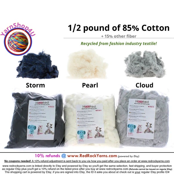 Hoooked Recycled Fluffy Cotton Filling - 85% cotton upcycled textile from the fashion industry (Color Choice: Storm, Pearl, Cloud)