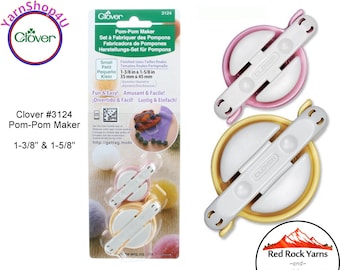 1-3/8" & 1-5/8" Pom Pom Maker. This Clover Pom maker has 2 Sizes of Pom Tools. Make Solid or multi color Poms! Wind, cut, tie, fluff! #3124