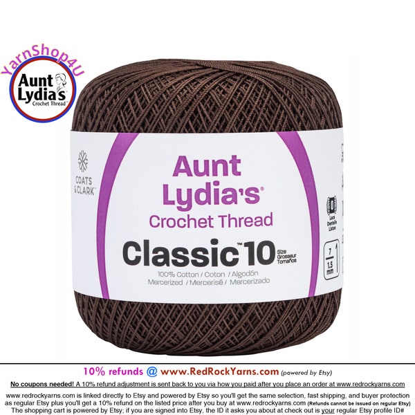FUDGE BROWN - Aunt Lydia's Classic 10 Crochet Thread. 350yds. Item #154-0131