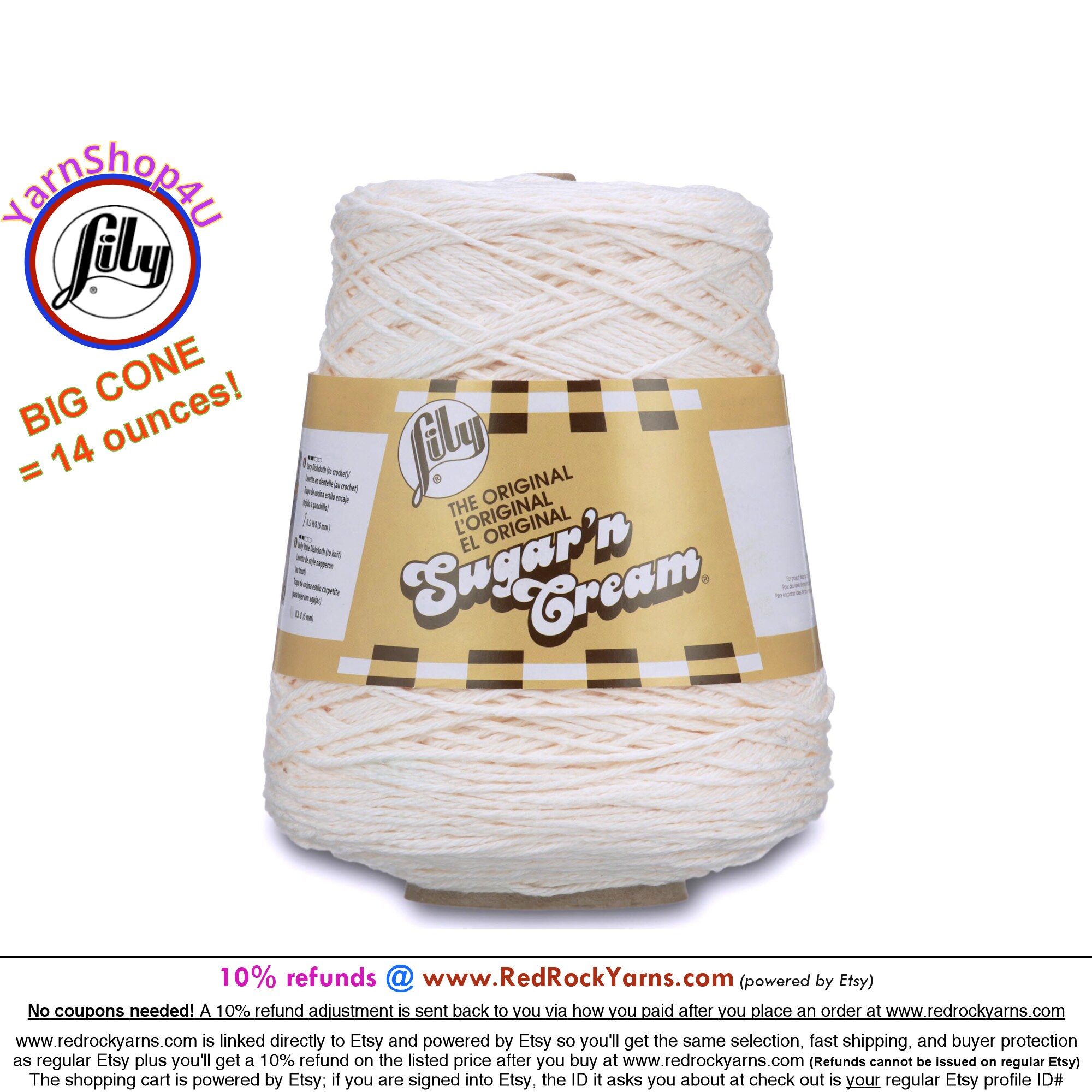 Lily Sugar'n Cream Cotton Cone Yarn, 14 oz, Soft Ecru, 1 Cone