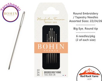 Tapestry Needles 22 24 26. Thick Embroidery needles with a round tip, and big eye. Popular for Cross Stitch. 2ea | 6/pkg Bohin Broder Needle