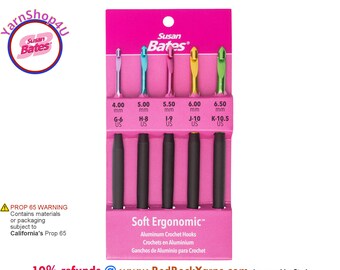 Soft Ergonomic crochet hooks sizes G to K. 5pc Susan Bates Silvalume 6.25" with an aluminum in-line head and round soft handles. #12696