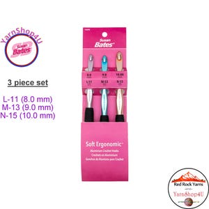 LMN Set Soft Ergonomic crochet hooks. Susan Bates Silvalume 3pc set. Aluminum in-line head and round soft handles. (8mm, 9mm, 10mm) #12695