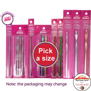 Susan Bates Crochet Hooks. Silvalume Aluminum Crochet hooks. Sizes B, C, D, E, F, G, 7, H, I, J, K, L, M, N