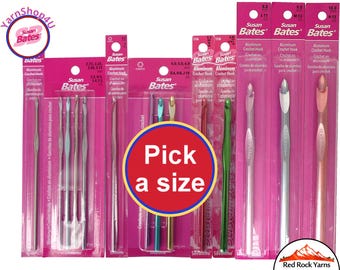 Susan Bates Crochet Hooks. Silvalume Aluminum Crochet hooks. Sizes B, C, D, E, F, G, 7, H, I, J, K, L, M, N