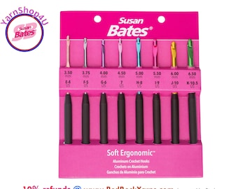 E-K Soft Ergonomic crochet hooks 8pc set. E to K Susan Bates Silvalume. 6.25" with an aluminum in-line head and round soft handles. #12698