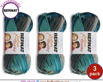 DEEP WATERS Ombre 3 pack! Bernat Softee Chunky Super Bulky Yarn. A Thick Acrylic Quick yarn in Deep Aqua Blue, Jade and browns.