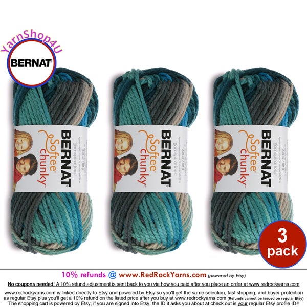 DEEP WATERS Ombre 3 pack! Bernat Softee Chunky Super Bulky Yarn. A Thick Acrylic Quick yarn in Deep Aqua Blue, Jade and browns.