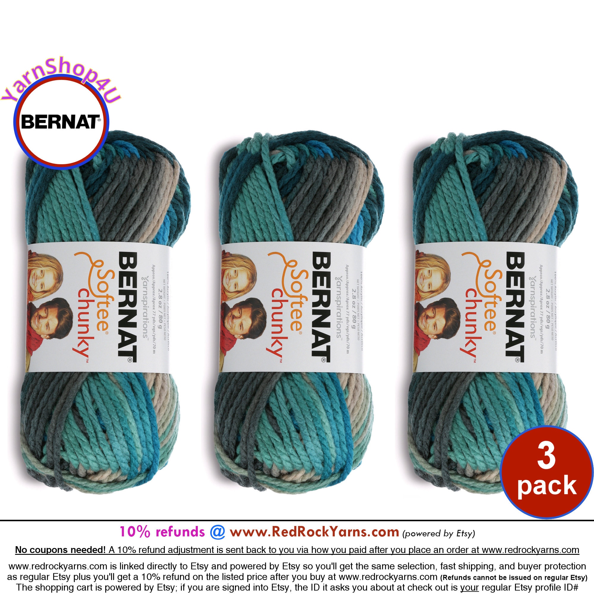 DEEP WATERS Ombre 3 pack Bernat Softee Chunky Super Bulky Yarn. A Thick Acrylic Quick yarn in Deep Aqua Blue Jade and browns