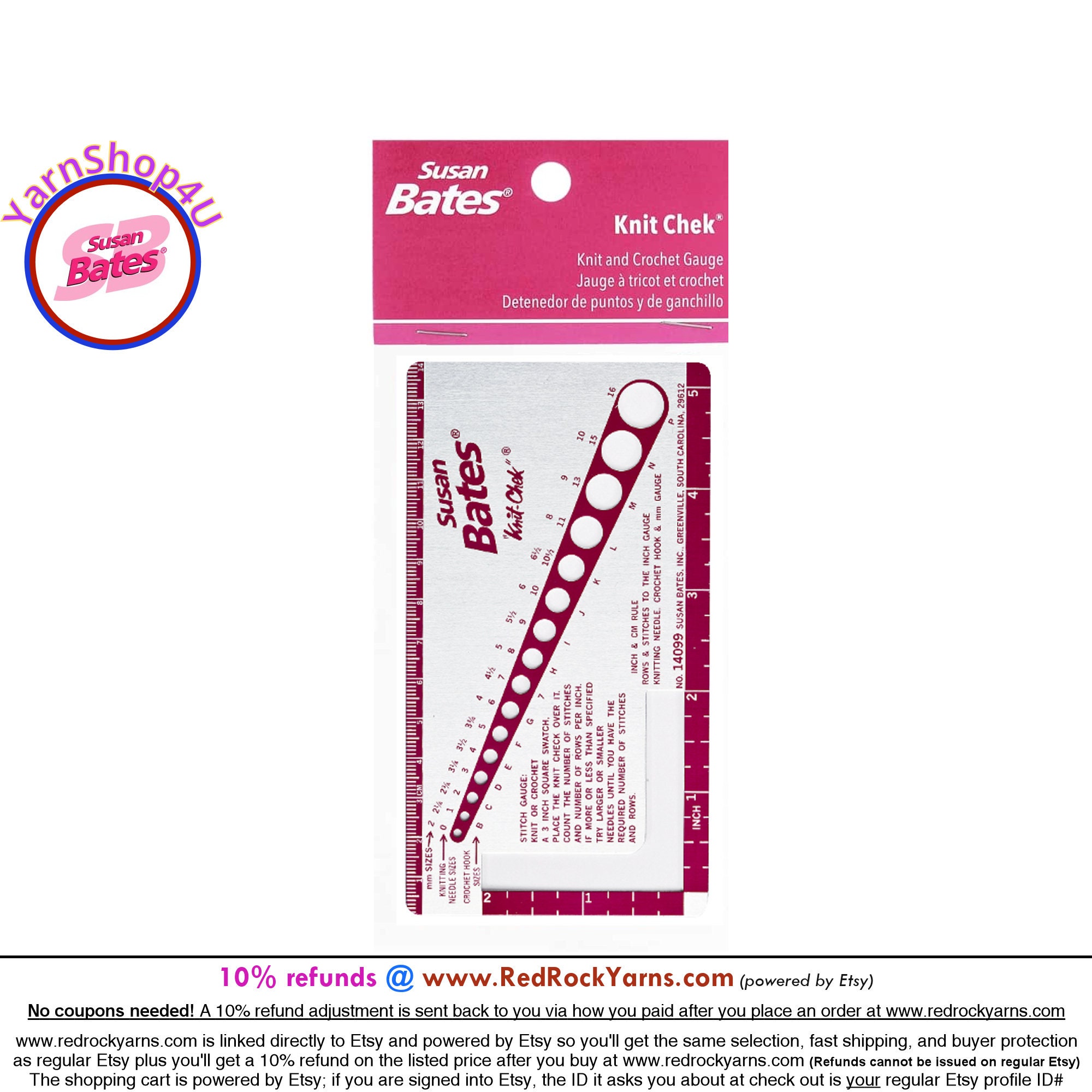 Knit Chek Stitch Gauge. Susan Bates Needle Sizer From 0-50 and Hook Sizer  From B to U us-50/25mm. Ruler and Stitch Counter Window. 14099 