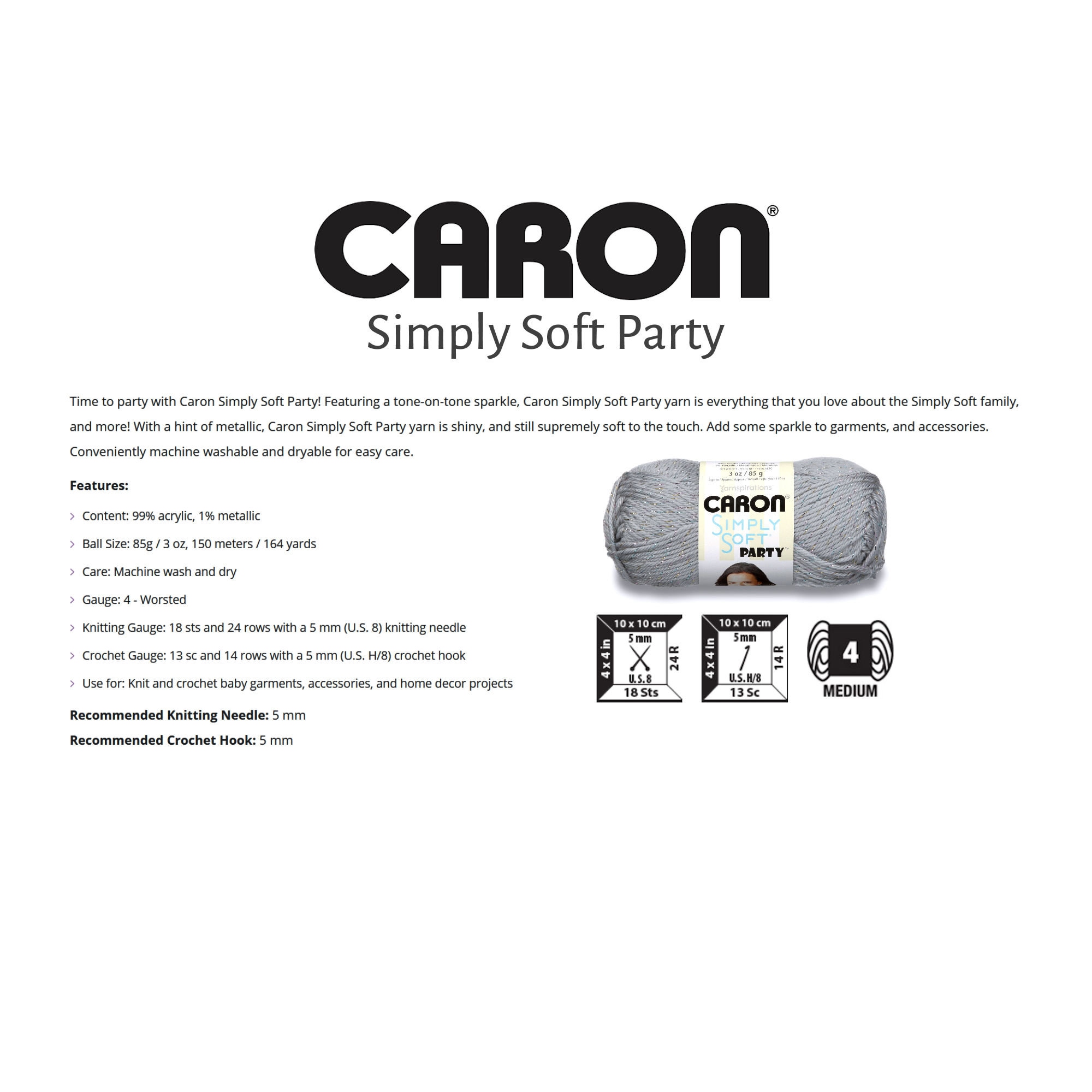 Caron Simply Soft Party 4 Medium Acrylic Yarn, Silver Sparkle 3oz/85g, 164  Yards - Yahoo Shopping