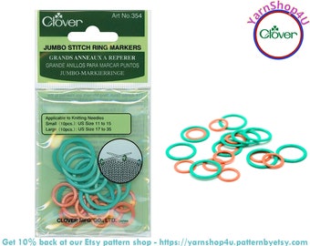 Jumbo Stitch Ring Markers by Clover. 10 Small and 10 Large in a Vinyl Pouch. Closed Ring. Art No. 354