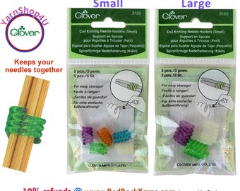 CLOVER Coil Needle Holders in Sizes S & L. Small 5/pk Single Points 2 to 9 (DPNs 0 to 6). Large 3/pk Single Points 10 to 15 (DPNs 7 to 10.5)