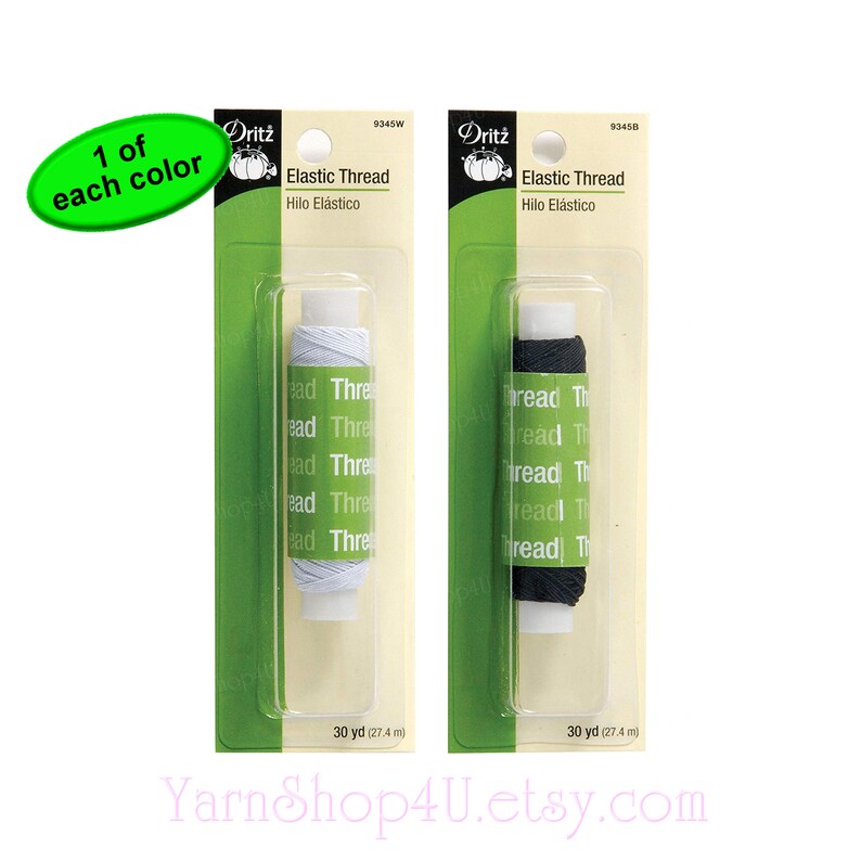 May include: Two Dritz brand elastic thread spools on individual blister cards, one white and one black. Each spool contains 30 yards of thread. The packaging features green and cream accents with the text Elastic Thread and Hilo El&aacute;stico.