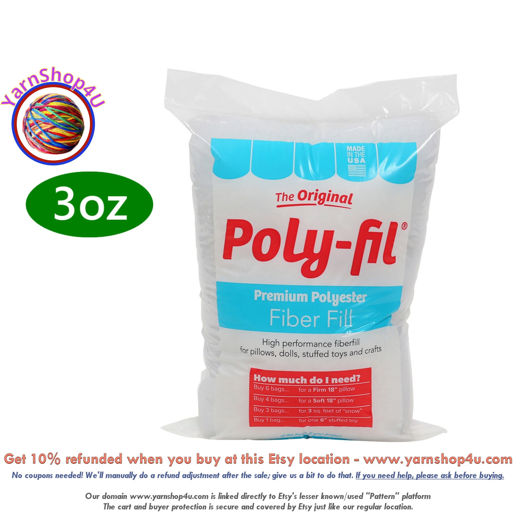 3oz Bag Polyester Fiber Fill Stuffing, Fairfield PolyFil Premium Fiber