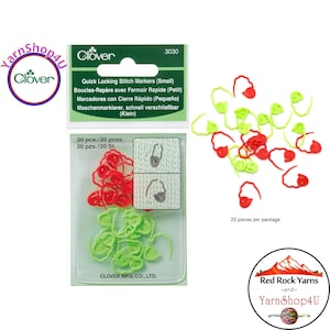 20 Small Clover Quick Locking Stitch Markers in a reusable vinyl storage pouch. 10 Red and 10 lime green per pack. Clover #3030