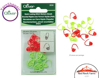 20 Small Clover Quick Locking Stitch Markers in a reusable vinyl storage pouch. 10 Red and 10 lime green per pack. Clover #3030