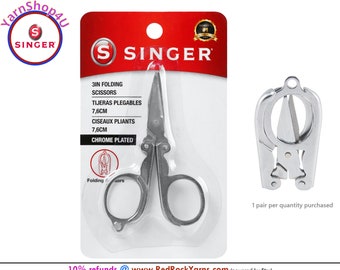 SINGER FOLDING SCISSORS. Chrome-plated steel scissors. Compact design. Tips protected when folded. Great for your traveling craft bag. #151