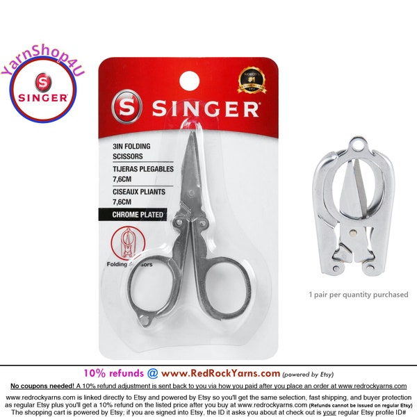 SINGER FOLDING SCISSORS. Chrome-plated steel scissors. Compact design. Tips protected when folded. Great for your traveling craft bag. #151