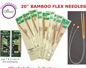 Clover 20" Bamboo Flex Knitting Needles. Sizes 3-13 with 5-1/2" Takumi tips, nylon cord and wood stopper. [vintage discontinued} SKU #3017