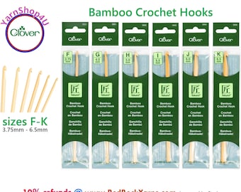 Clover Takumi Bamboo Crochet Hooks 6" long in Sizes F/3.75mm, G/4mm, H/5mm, I/5.5mm, J/6mm, K/6.5mm (SKU 3500 3501 3502 3503 3504 3505)