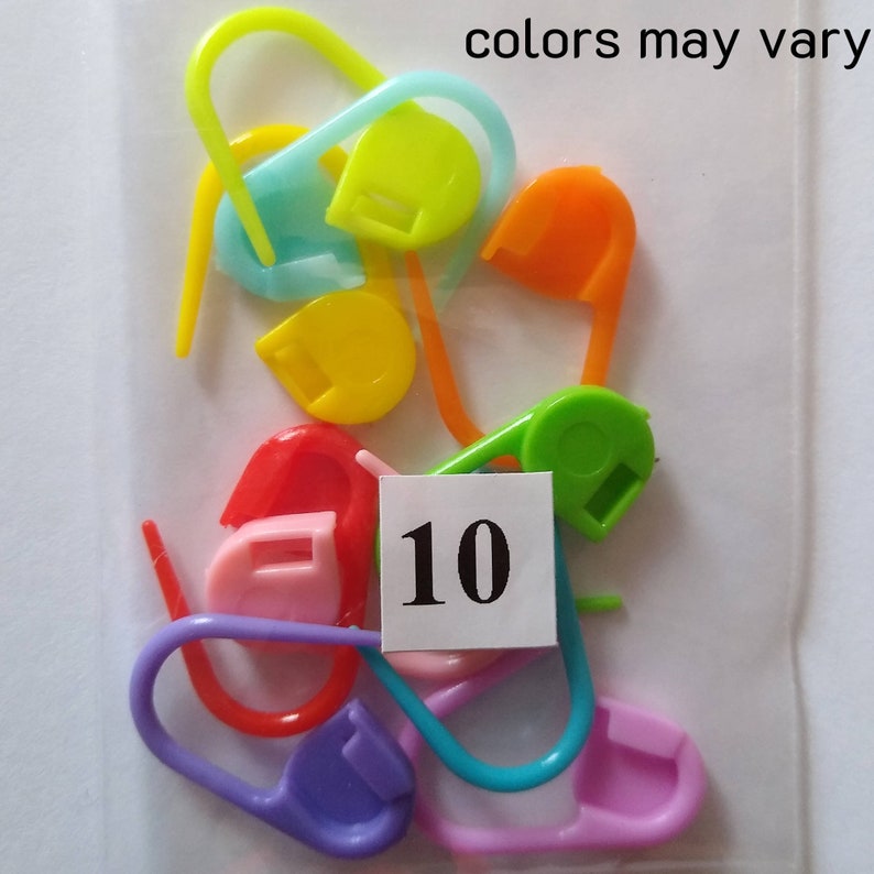 10 to 300 Locking Stitch Markers, Plastic Safety Pin Style Stitch Marker. Random Colors. Clip on Stitch Holders or Marker by weight 10 (1 of each color)