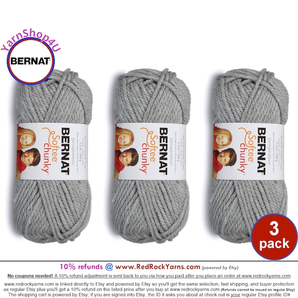 GRAY HEATHER 3 pack! Bernat Softee Chunky Yarn Super Bulky Yarn. 3.5oz | 108yds | 100% Acrylic Yarn. 3 skeins per pack = Bulk Buy!