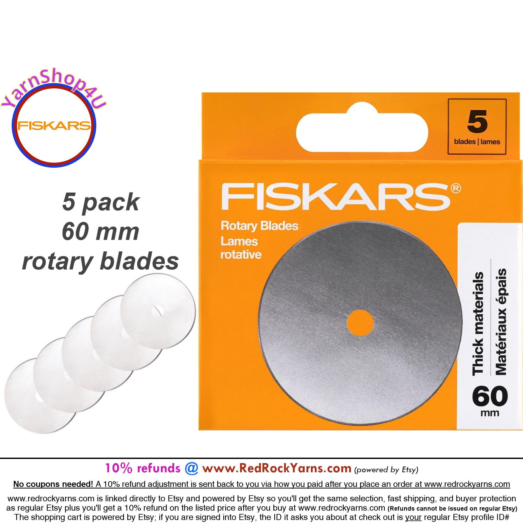 5 Pack 60mm Rotary Cutting Blade. Fiskars 5 Blades per Package. Fits  Fiskars 60mm Handles. Cuts Batting, Multi Fabric Layers, Etc 60mm X5 