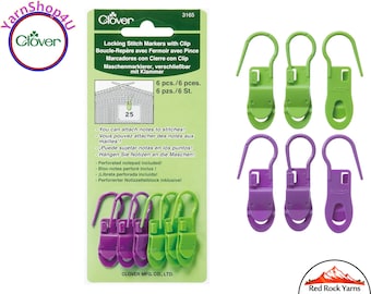 Locking Stitch Markers with Clip. 6 per package. Use the clip for keeping notes of critical points on your work. Plastic. Clover 3165