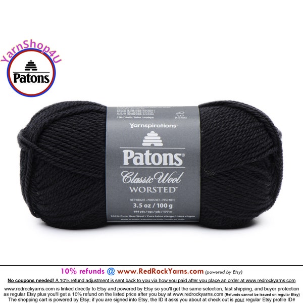 BLACK - Patons Classic Wool Worsted Yarn Medium Weight (4). 100% wool yarn. 3.5oz | 194 yards (100g | 177m)