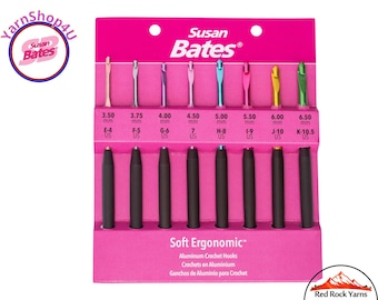 E-K Soft Ergonomic crochet hooks 8pc set. E to K Susan Bates Silvalume. 6.25" with an aluminum in-line head and round soft handles. #12698