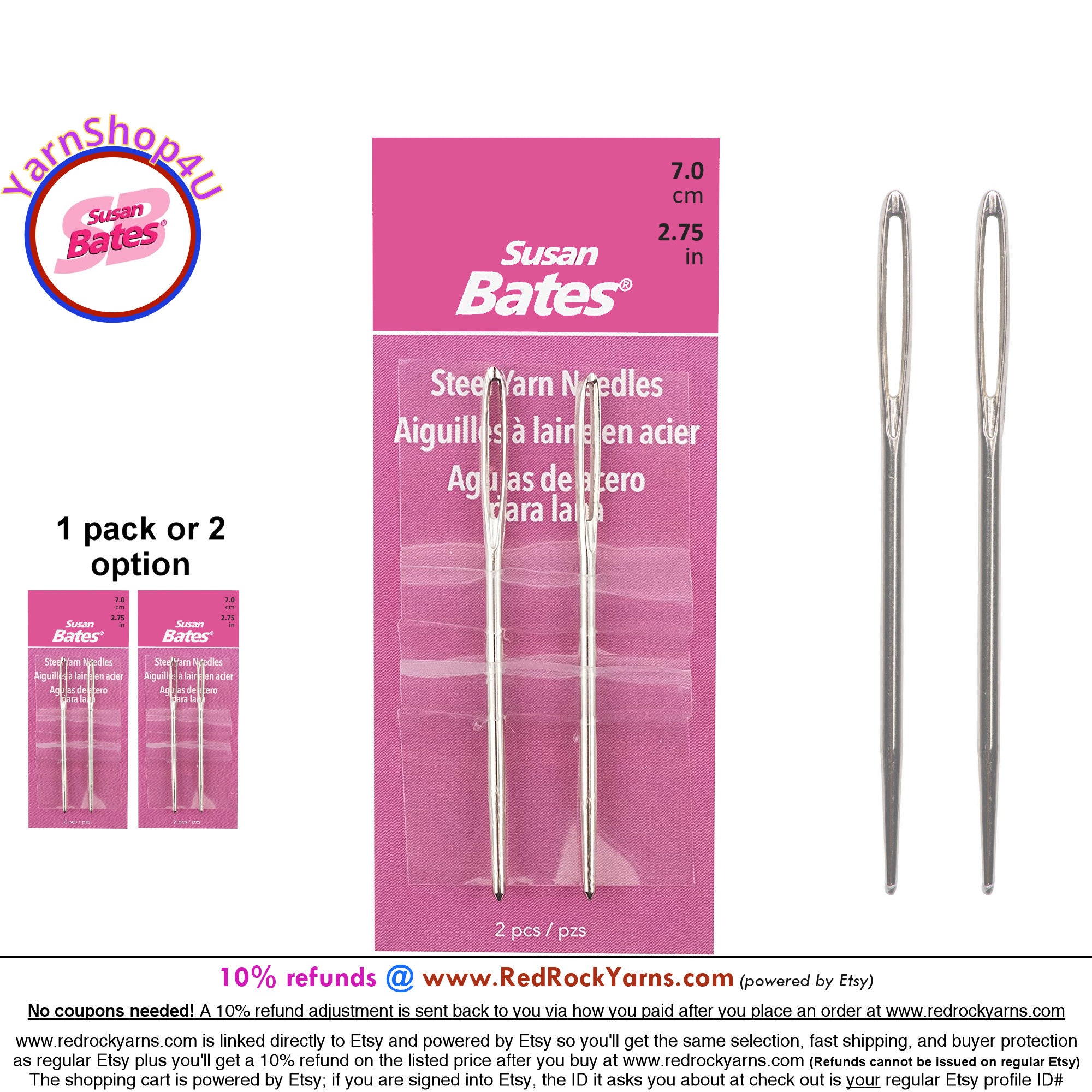 Susan Bates Steel Yarn Needles get 1 Pack or 2 Size 13, 2 3/4 Long.  2pcs/pack Metal Tapestry Needle. Large Eye Blunt Needles. 14080 