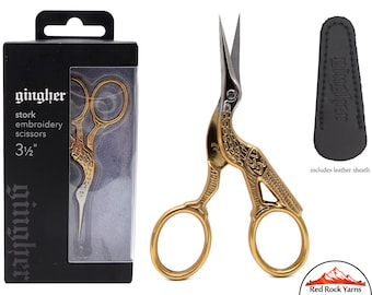 Gingher Stork Embroidery Scissors w/ sheath - 3.5" Slender straight blades with stunning gold double plated stork handles. Made in Italy