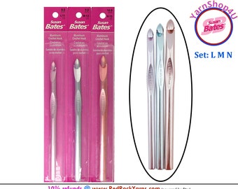 LMN 3 piece set of Susan Bates Crochet Hooks. Silvalume Hooks are solid Aluminum Crochet hooks. Crochet hook set includes L-11, M-13 & N-15